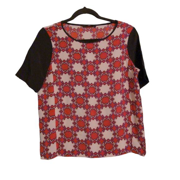 Tibi New York Womens Blouse Red Ivory Abstract Short Sleeve Retro 60's M (est.) - Picture 1 of 7